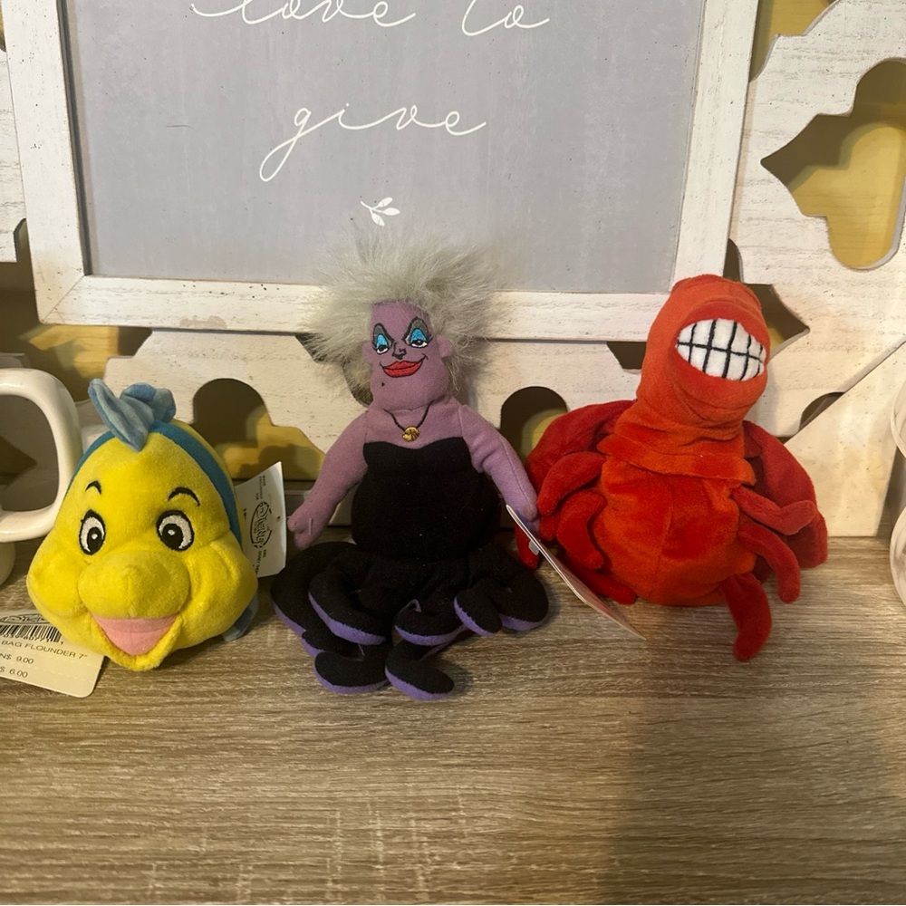 Vintage Disney Little Mermaid Sebastian Flounder & Ursula Beanie Plush Toy 90s